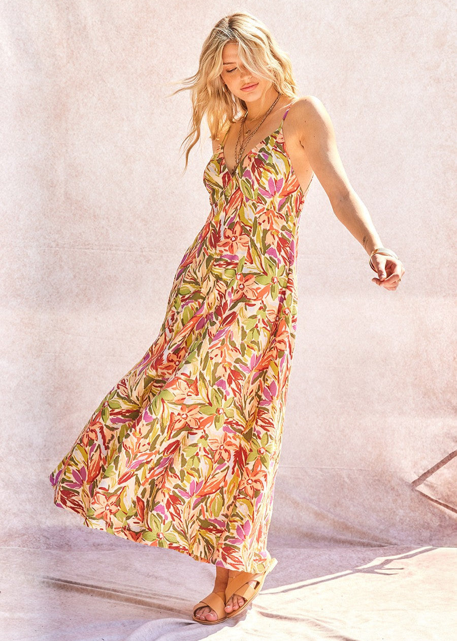 Woman wearing a floral dress against a plain background