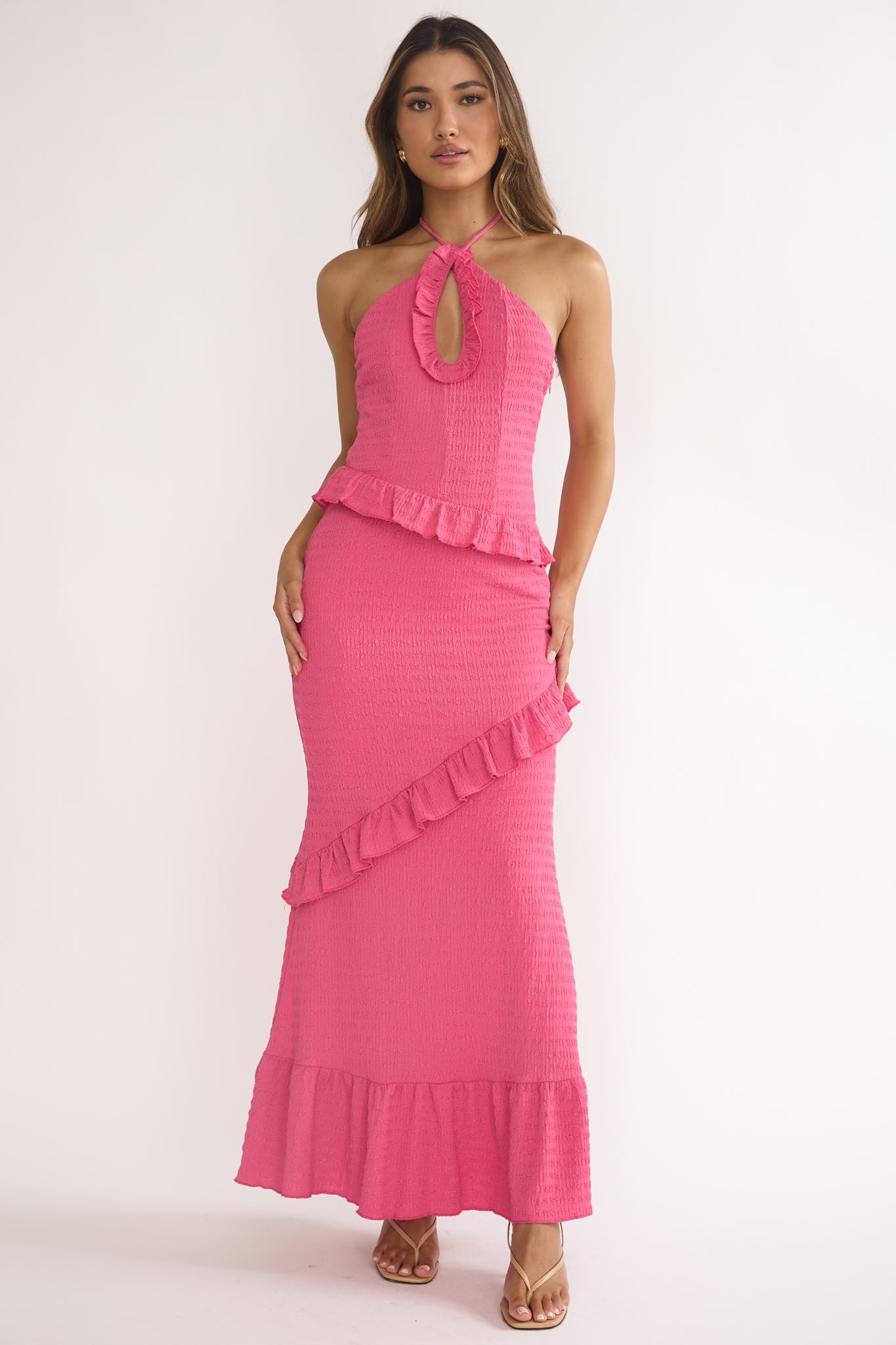 crinkle maxi dress Karen Millen Crinkle Beaded Cold Shoulder Maxi Dress in Orange