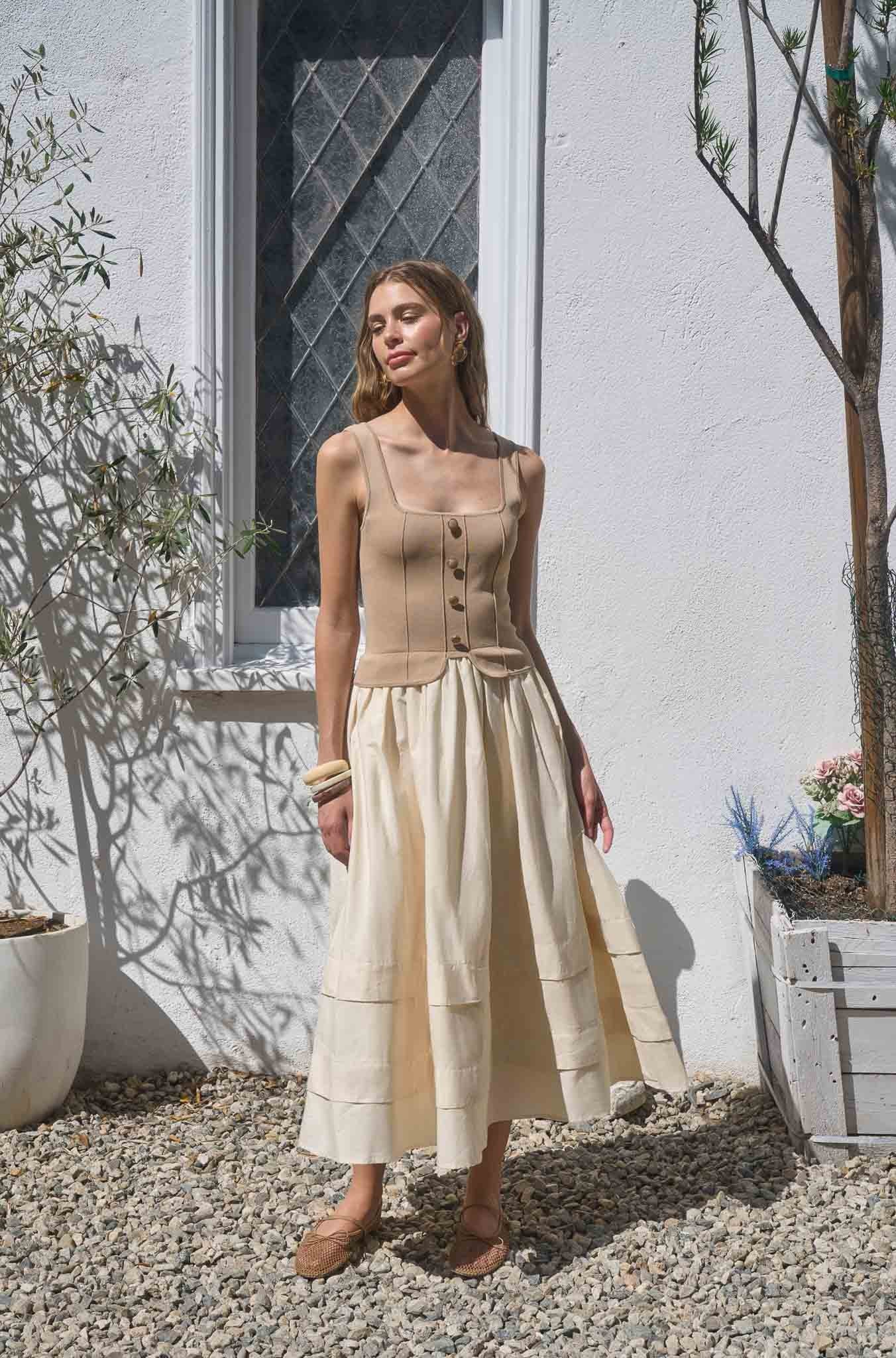 Nautical Tide Square Neck Midi Dress