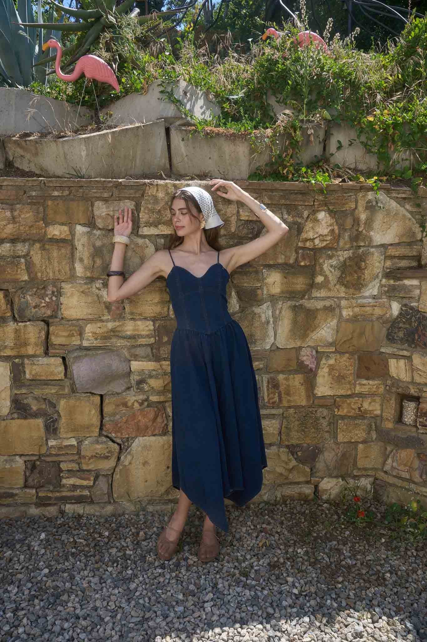 Denim Blossom Handkerchief Hem Midi Dress