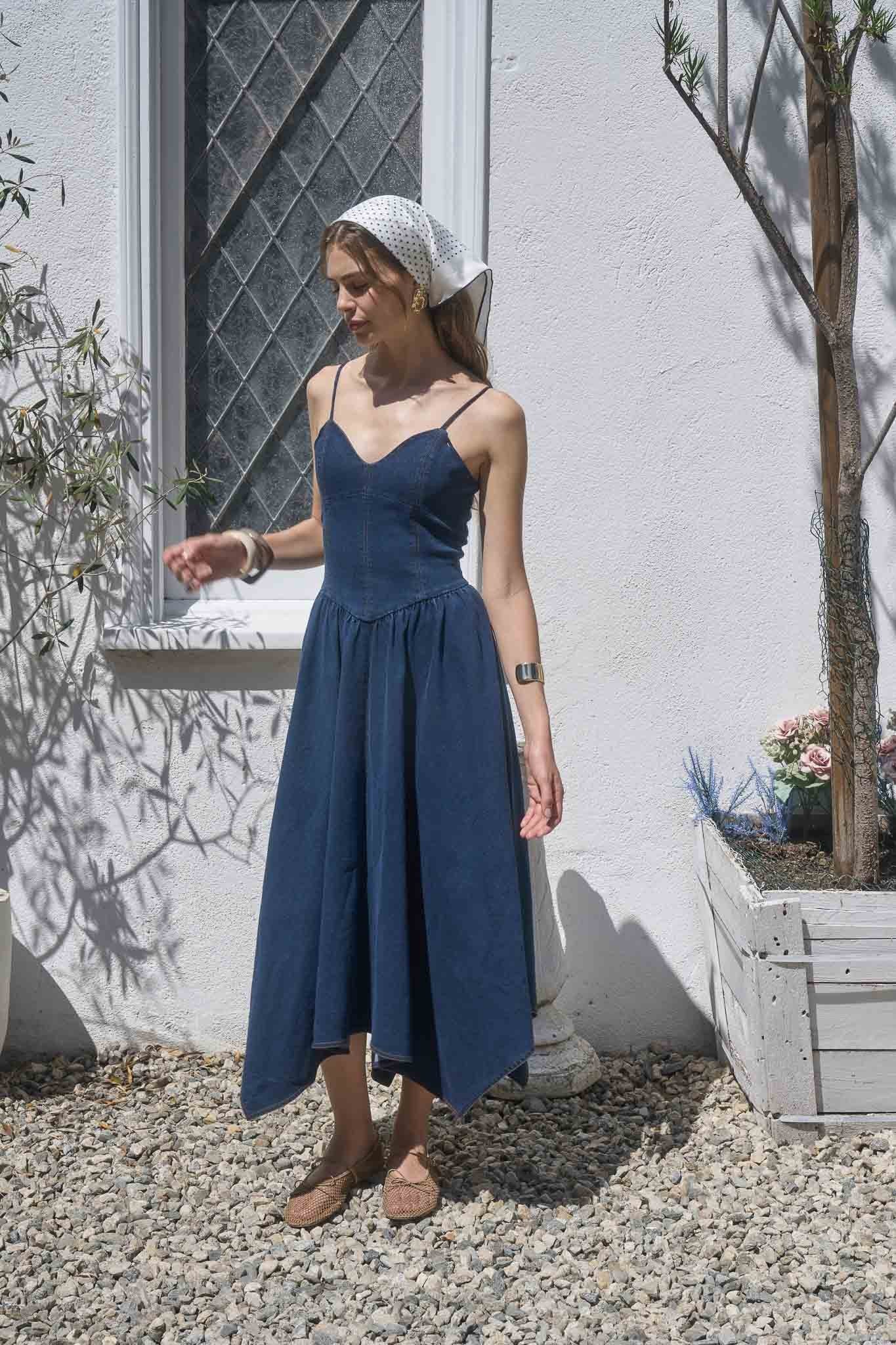Denim Blossom Handkerchief Hem Midi Dress