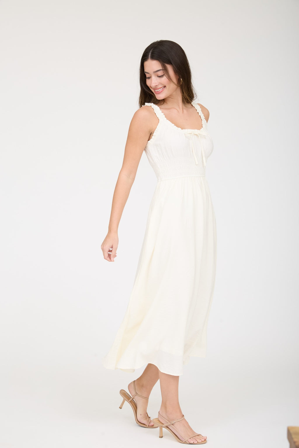 Sunlit Tie-Front Shirred Midi Dress