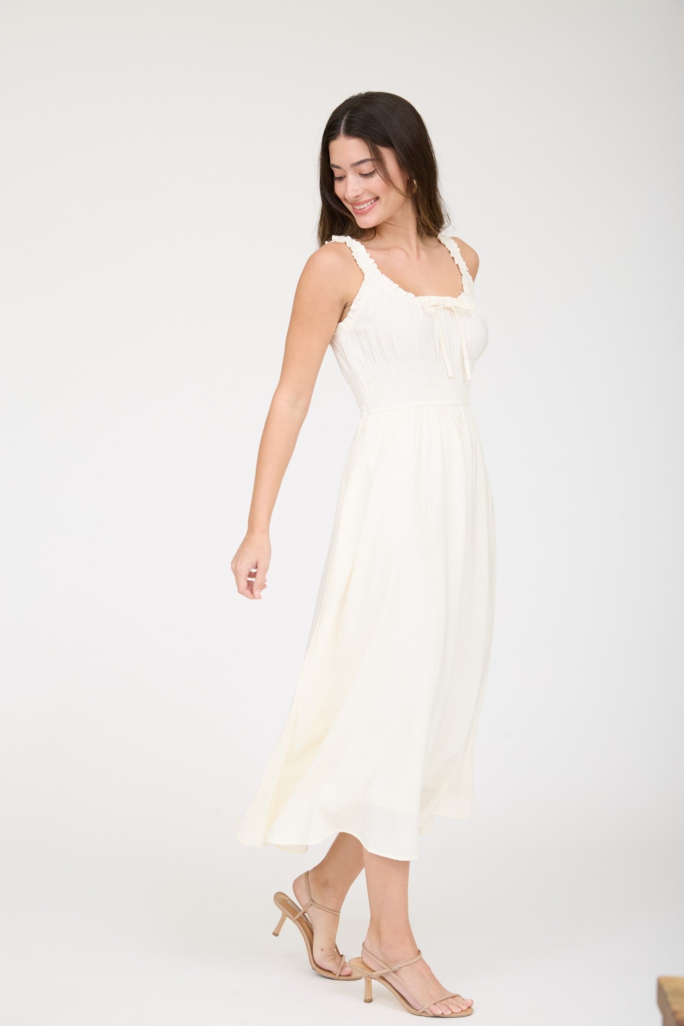 Sunlit Tie-Front Shirred Midi Dress