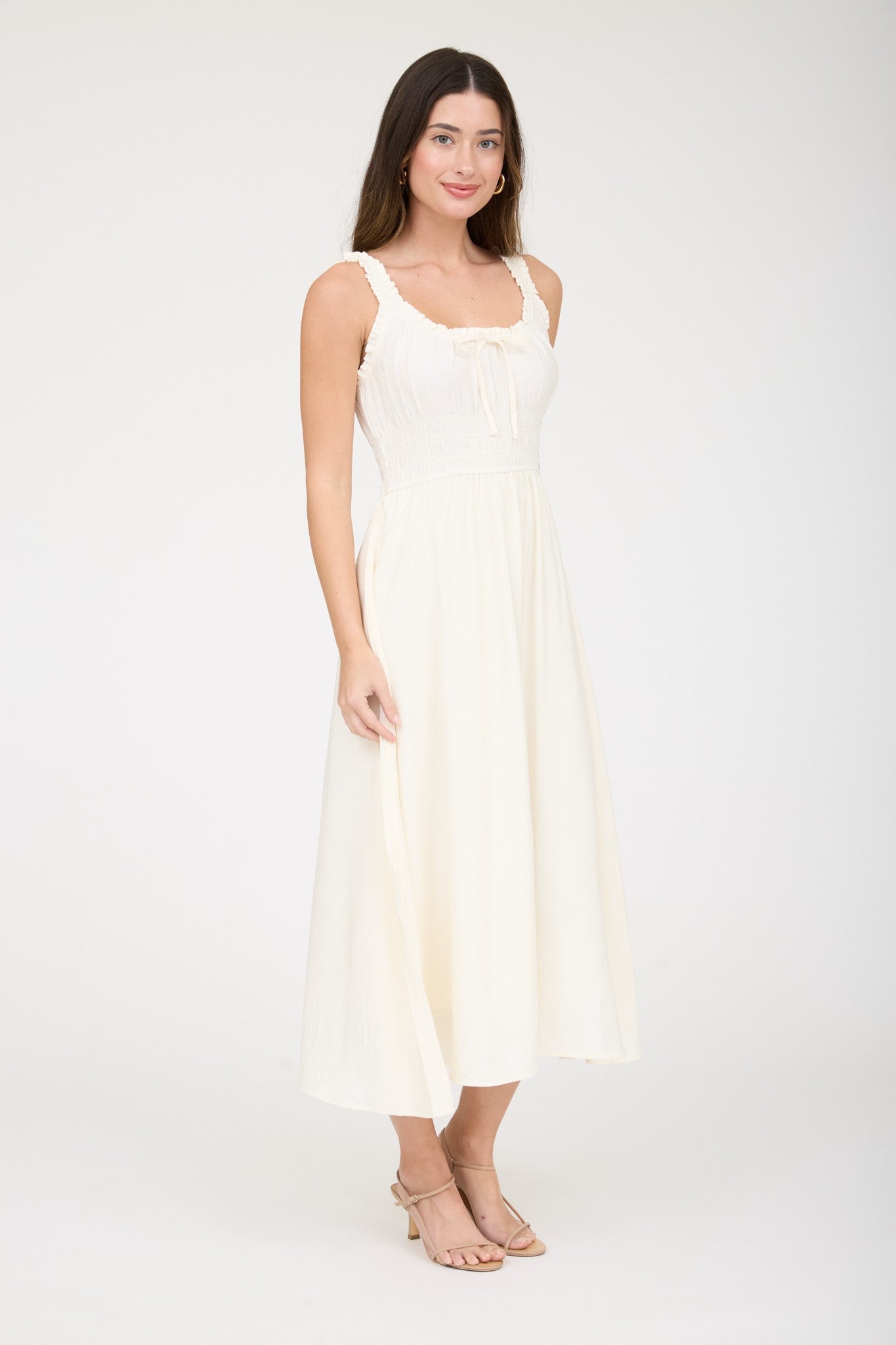 Sunlit Tie-Front Shirred Midi Dress
