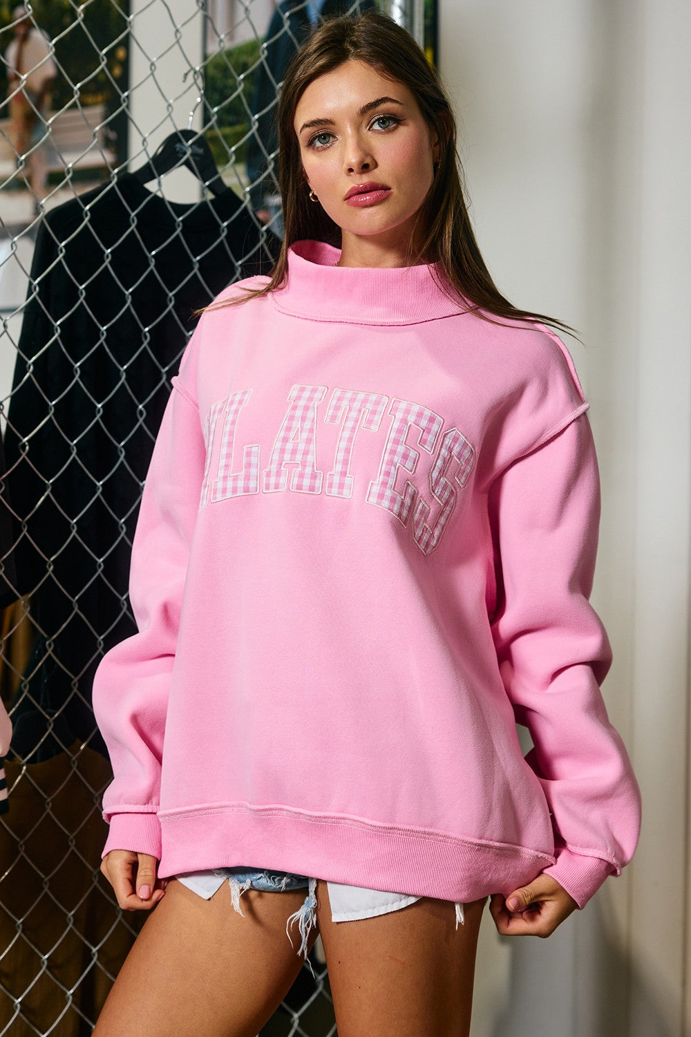 Pilates Gingham Embroidered Mock Neck