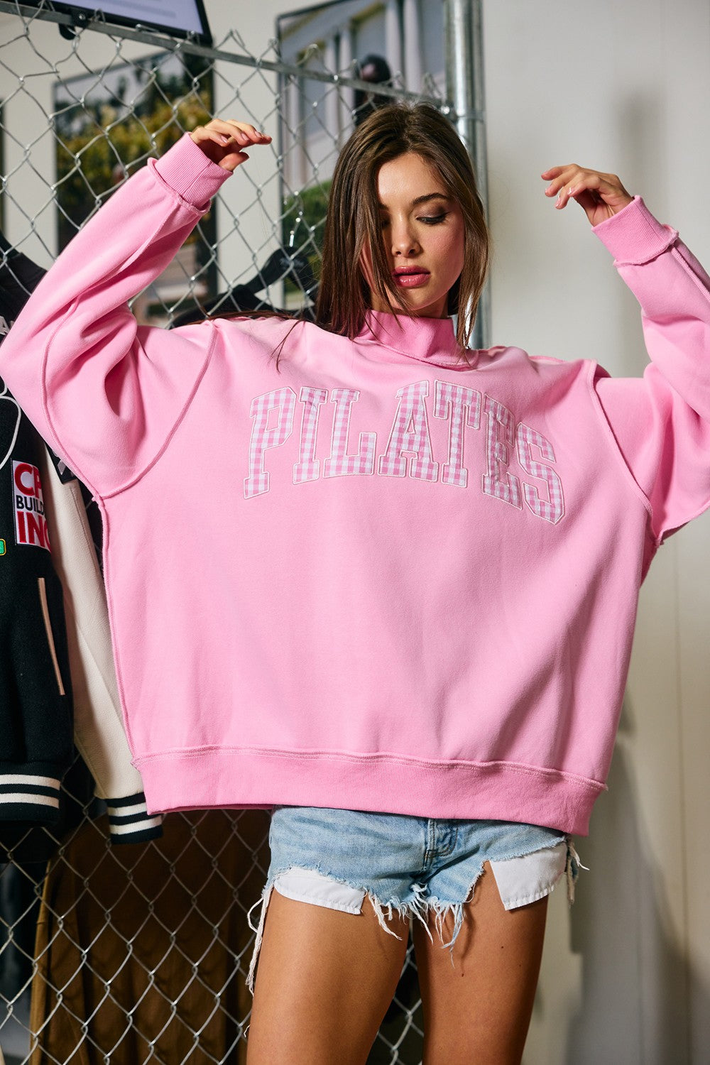 Pilates Gingham Embroidered Mock Neck