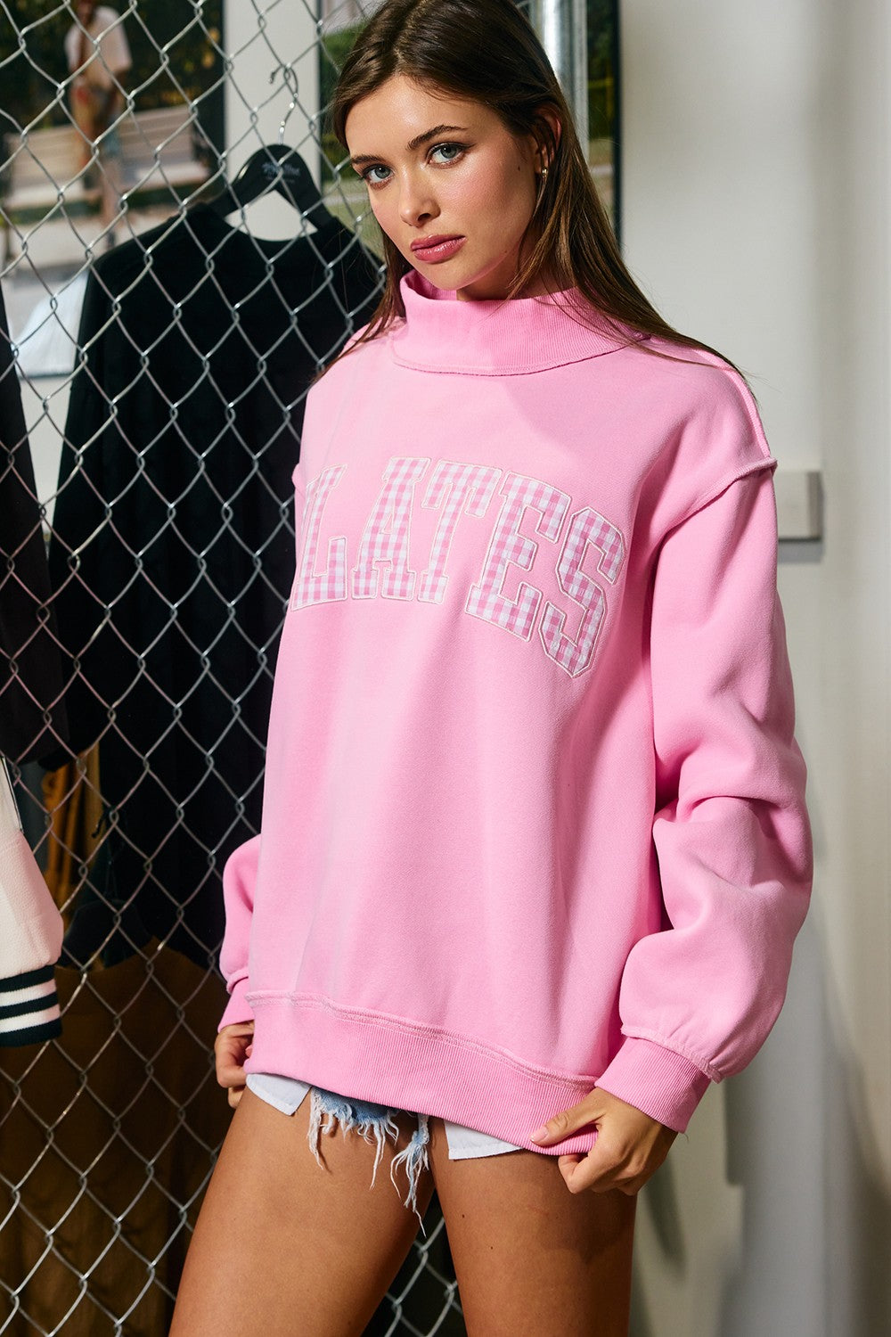 Pilates Gingham Embroidered Mock Neck
