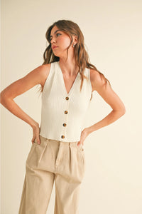 Buttoned Chic Ribbed Tank