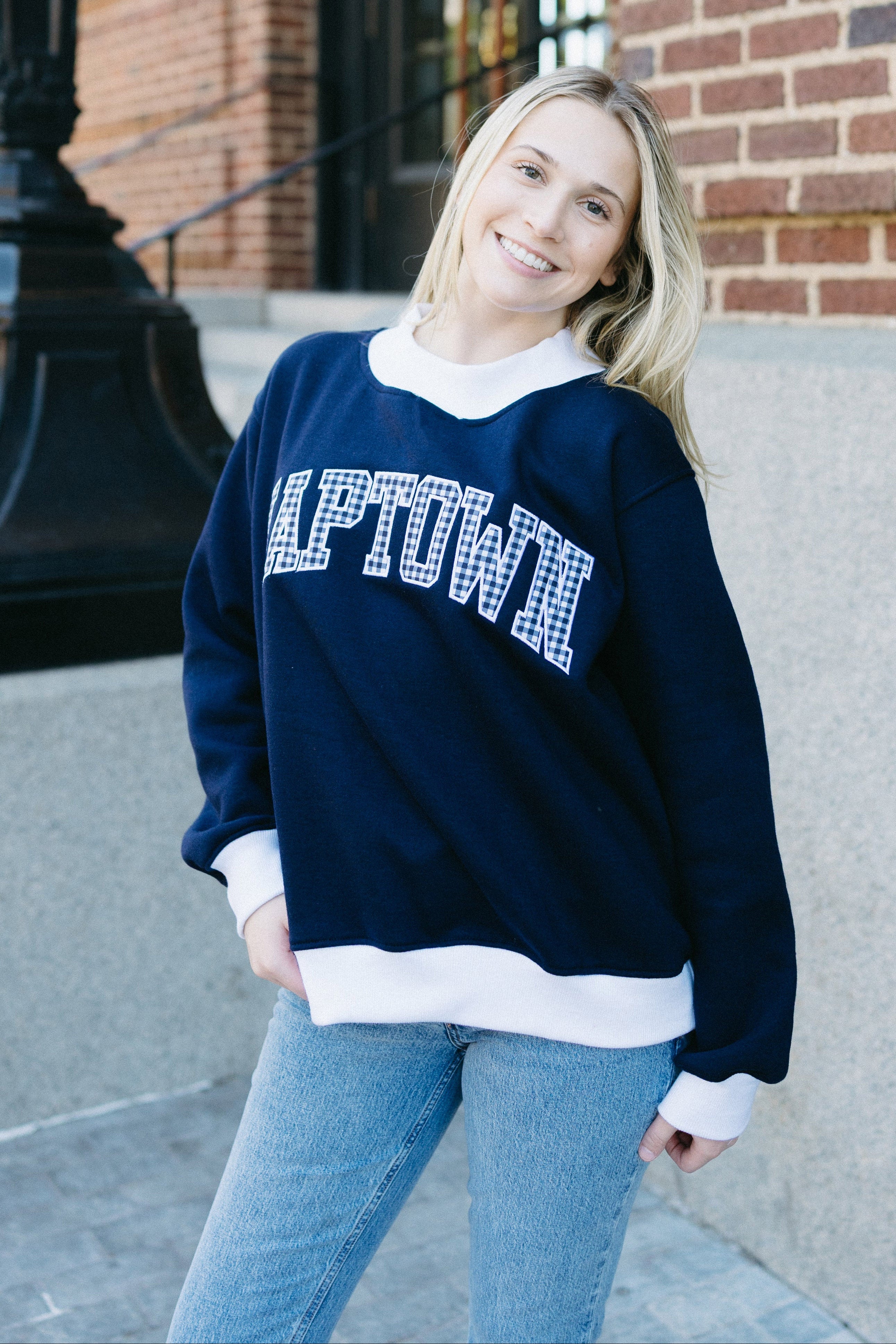 Naptown Gingham Embroidered Mock Neck Sweatshirt