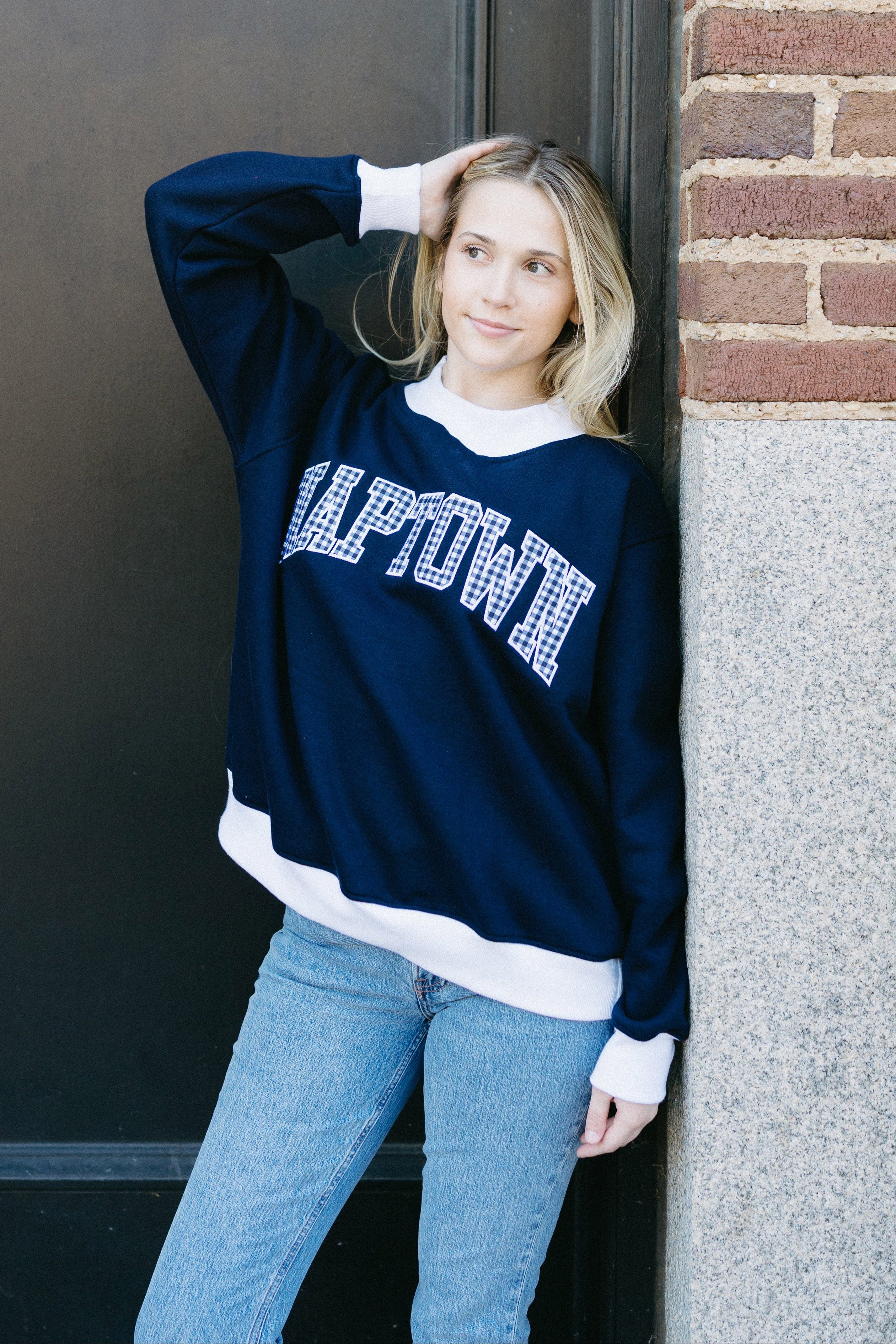 Naptown Gingham Embroidered Mock Neck Sweatshirt