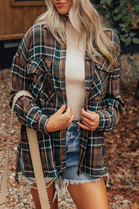 Women Plaid Print Pockets Buttoned Shirt Jacket – Brightside