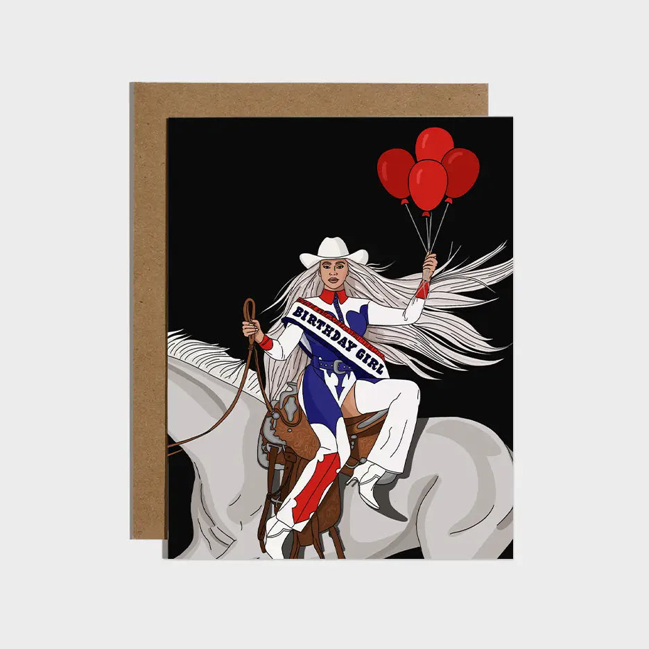 A birthday card with an illustration of a cartoon cowboy riding a horse, holding a 'Happy Birthday' sign and balloons, with a black background.