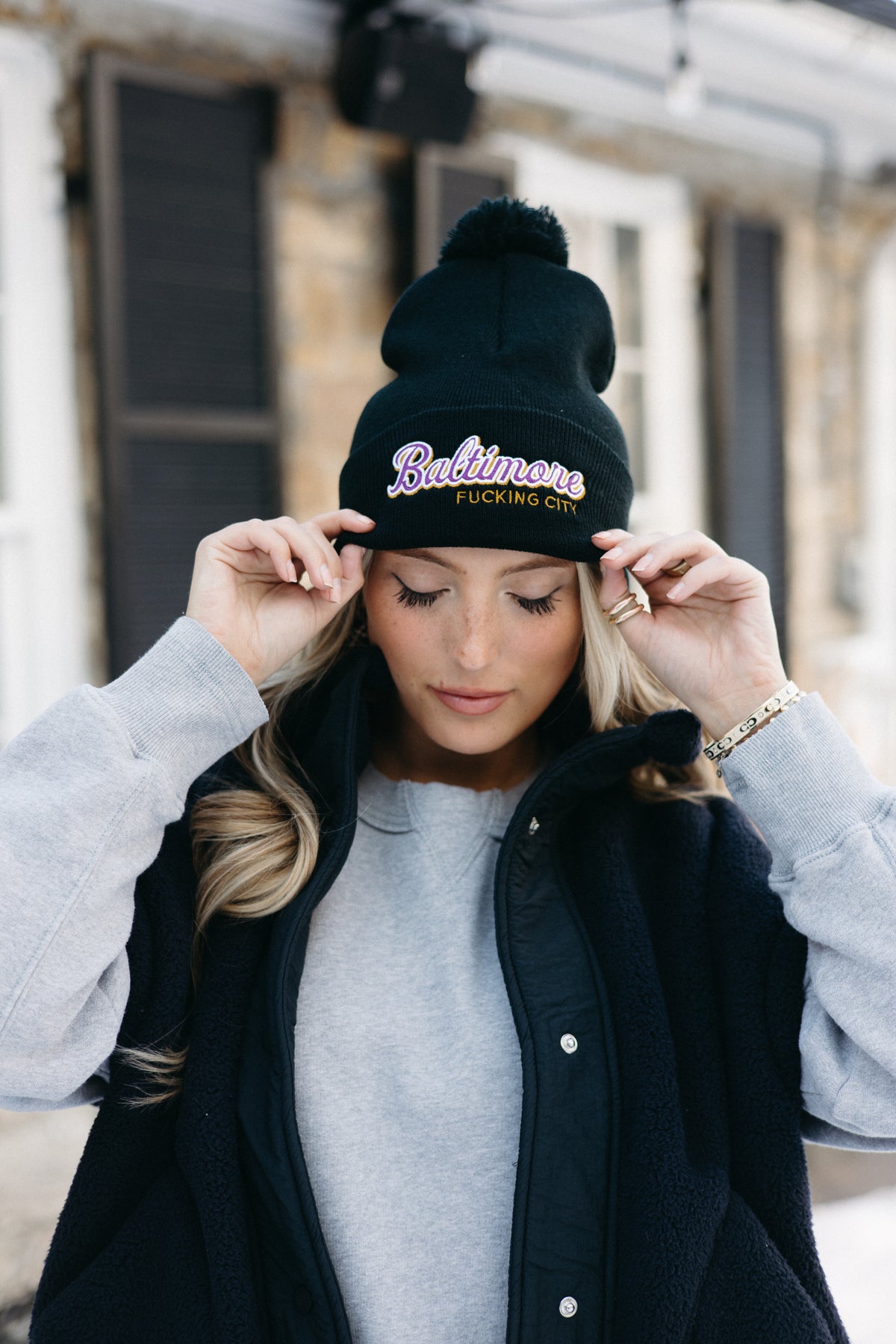 Baltimore Fucking City Pom Pom Beanie – Brightside Boutique display picture 3