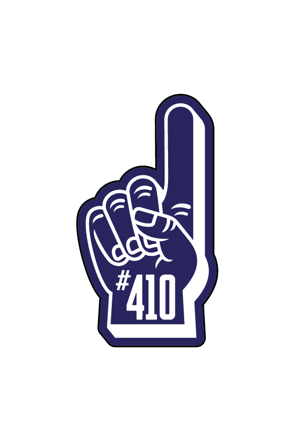 A blue foam finger patch with the number 410 and the brand name Brightside x R1A.