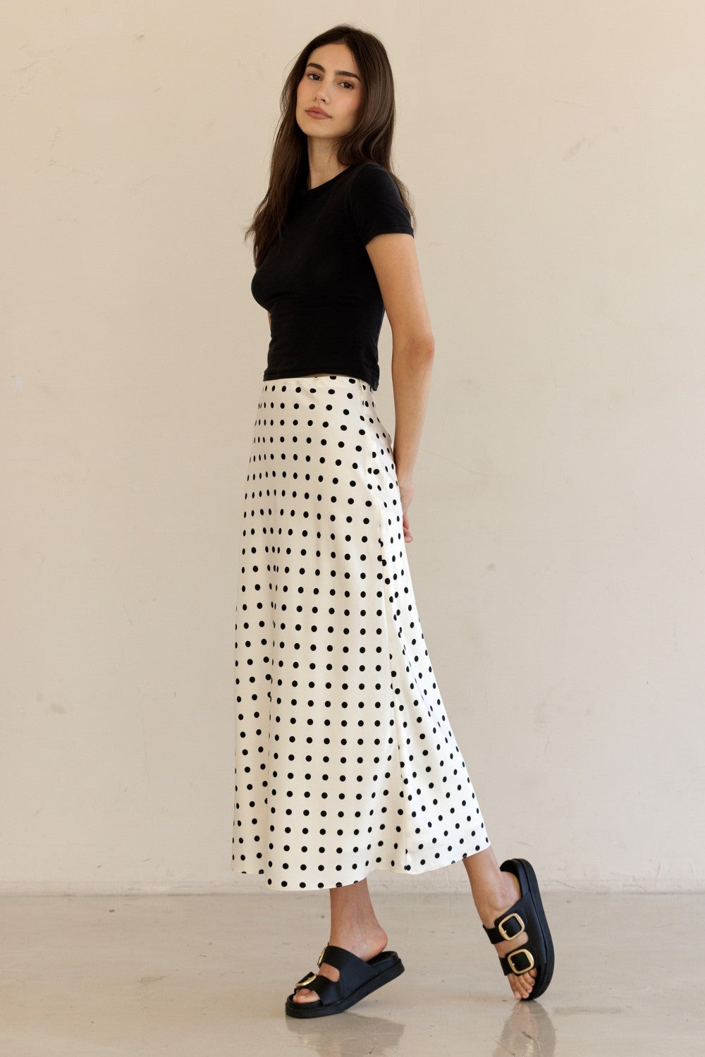 Monroe Polka Satin Midi Skirt