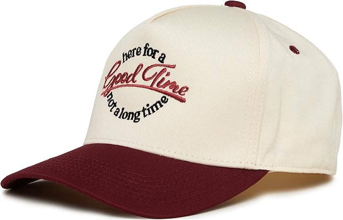 Beige and maroon cap with text on a white background
