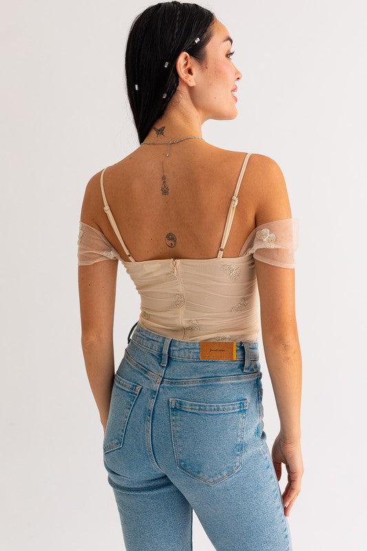 Short Answer Embroidered Mesh Bodysuit