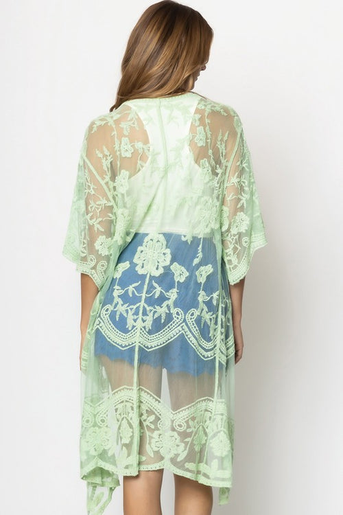 Pastel Floral Lace Kimono with Front Tie