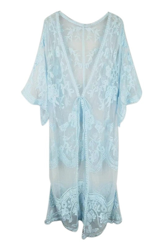 Pastel Floral Lace Kimono with Front Tie