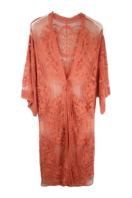 Rush Over Floral Lace Kimono with Front Tie