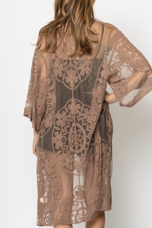 Rush Over Floral Lace Kimono with Front Tie