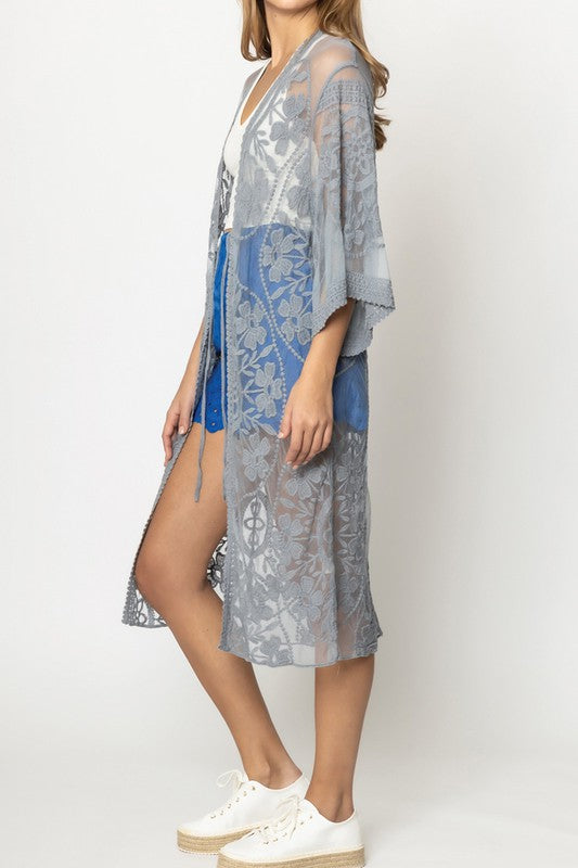 Rush Over Floral Lace Kimono with Front Tie