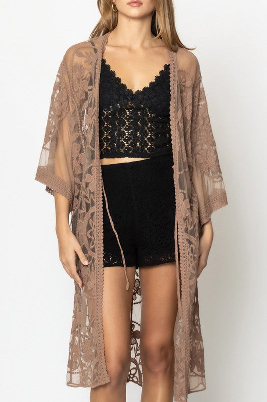 Rush Over Floral Lace Kimono with Front Tie